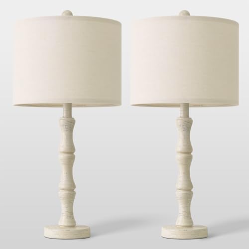 BOBOMOMO 25" Farmhouse Bedside Lamps Set of 2, Vintage Nightstand Lamps with Antique White Resin Base & Linen Shade, Standard Table Lamps for Bedroom, Living Room, End Table & House Décor - Image 6