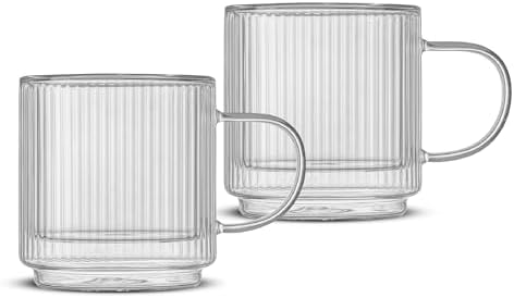 JoyJolt Haven Stackable Fluted Glass Mugs, Set of 2 Ribbed Double Wall Insulated Coffee Cups, 13.5oz Clear Mugs - Image 2