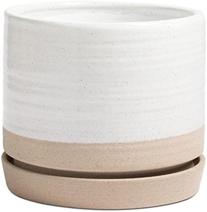 HERDUK 8 Inch Pots for Plants, Ceramic Planter Pot with Drainage Hole & Saucer, Indoor or Outdoor Cylinder Round Planter Pot, Matte White & Beige by Herduk