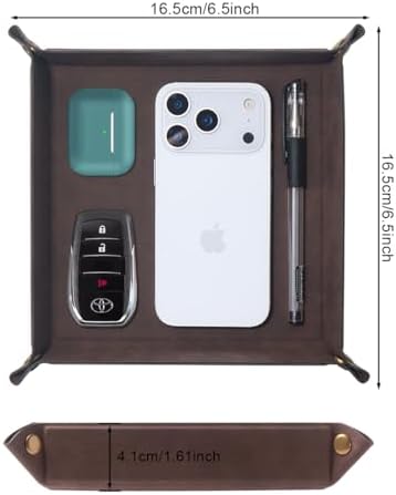 Valet Tray Desktop Storage Organizer – Premium PU Leather Catchall Bedside Vanity Tray Nightstand Caddy Holder for Remote Controller, Keys, Phone, Wallet, Coin, Jewelry,Brown - Image 2