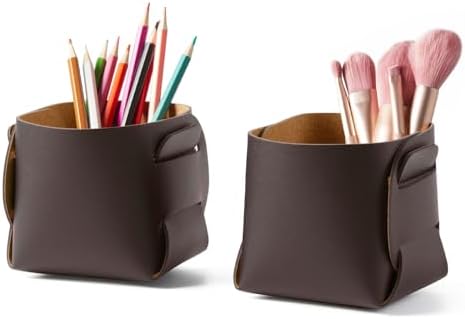 HOMIEAZICOZI 2-Pack Cork Leather Desk Accessories Storage - Pencil Pen Holder - Makeup Brush Holder Organizer - Stylish Addition to Home Decor (Coffee) by HOMIEAZICOZI
