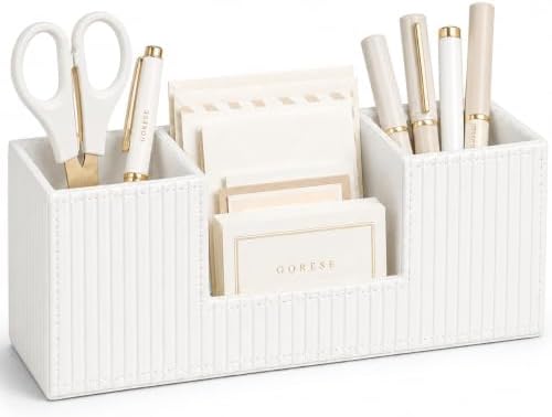 GORESE Pen Organizer for Desk, PU Leather Office Pen Holder, Ivory White by GORESE