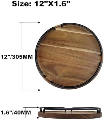 Round Wooden Serving Tray - Rustic Style Decorative Tray for Coffee Table, Living Room, Vanity - Acacia Wood Tray with Handles - Housewarming Gift - 12 Inches (Diameter) - Image 2