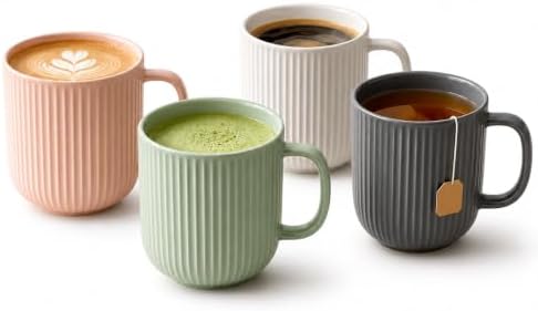 Ribbed Ceramic Coffee Mug Set of 4 – 9oz Minimalist Mugs for Coffee, Tea & Matcha | Microwave & Dishwasher Safe | Blush Pink, Sage Green, White, Charcoal Gray by HerthHomeProducts
