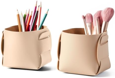 HOMIEAZICOZI 2-Pack Cork Leather Desk Accessories Storage - Pencil Pen Holder - Makeup Brush Holder Organizer - Stylish Addition to Home Decor (Apricot) by HOMIEAZICOZI