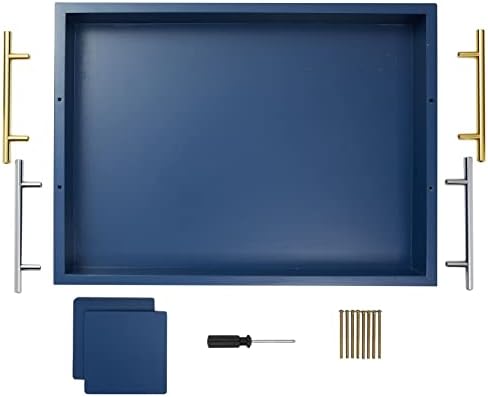 Juvale Coffee Table Tray - 15.7 x 11.8 x 3 in, Blue, Rustic Wood - Serving Tray with Interchangeable Gold & Silver Handles for Coffee Table Decor & Ottoman Use with 2 Coasters - Image 7