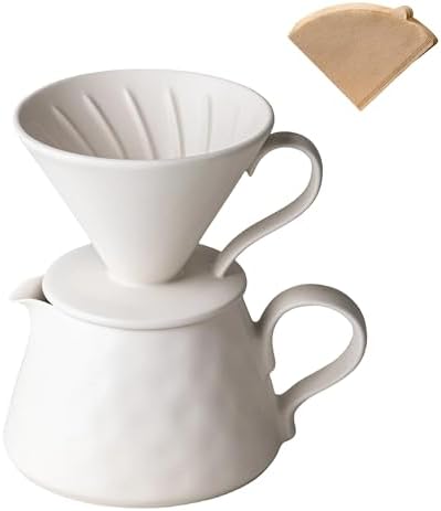 Pour Over Coffee Maker,Ceramic Coffee Maker With 40 pcs Paper Filter，15oz/450ml Ceramic Pour Over Coffee Dripper（Off White） by HYAXGM