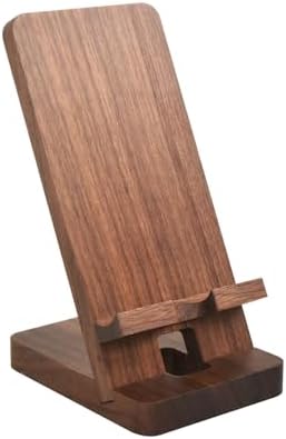 Wood Phone Stand with Mirror, Desktop Wooden Phone Holder, Portable Office Phone Stand for Desk, Wood ipad Stand， Compatible with iPhone & All Cell Phones(Walnut with Mirror) - Image 2