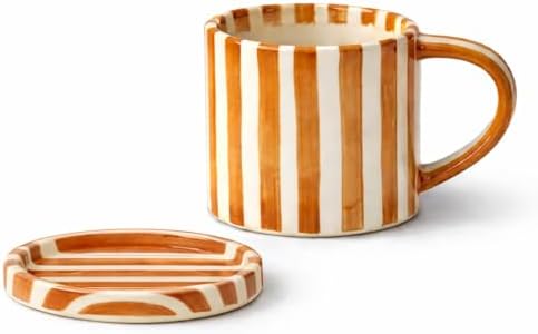 8oz Handmade Ceramic Espresso Mug with Coaster, Speckled Glaze Aesthetic Coffee Cup, Minimalist Striped Cappuccino Flat White Mug, Microwave Safe (orange) by TYNUOCN