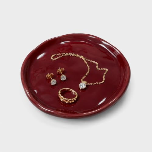 Jewelry Dish, Red Glossy Ceramic Round Shallow Ring Tray by Unknown