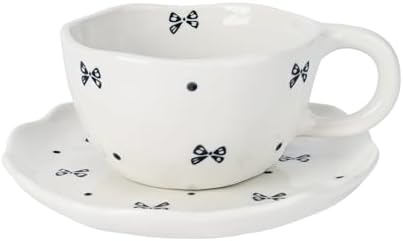 Koythin 8.5oz Handmade Ceramic Mug With Saucer, Black Small Bow Latte Cup - Image 3