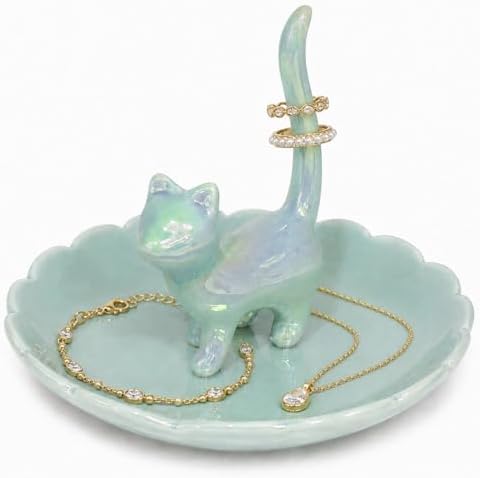 Cat Ring Holder Jewelry Dish–Ceramic Trinket Tray for Rings,Earrings,Necklaces & Bracelets,Cute Cat Jewelry Organizer for Vanity,Nightstand,Dresser,Birthday Gift for Women,Girls Cat Lovers by bwszrosamatchawhiskset