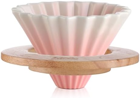 Bincoo Ceramic Coffee Dripper,Pour Over Coffee Dripper with Wood Stand, Flower-shape for 1-2 Cups Slow Brewing Maker for Home Cafe (Pink) by Bincoo