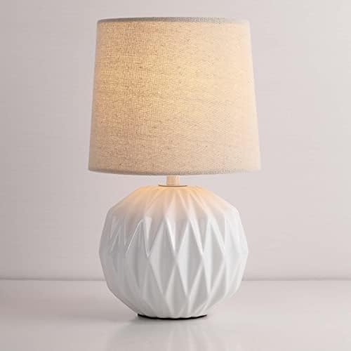 White Ceramic Table Lamp, Geometric Textured Small Bedside Lamp with Linen Shade, Mid Century Modern Nightstand Lamp for Bedroom Living Room Reading Room, H 12" x W 6.7", 7W LED Bulb Included by Somniferous