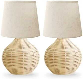 Rattan Small Table Lamp Set of 2, Boho Farmhouse Style with Cotton Linen Lampshade, 6.2×6.2×11.8 Inch Bedroom Night Light for Living Room Office Dorm, with Bulbs Included by LAMP