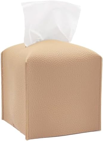 HOMOTEK 1 Pack Tissue Box Cover, Square PU Leather Tissue Holder, Decorative Facial Tissue Cube Paper Organizer Dispenser for Bathroom, Night Stands, Desk, Car 5X5X5'' - Beige, Pebble Grain by HOMOTEK