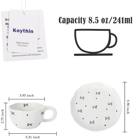 Koythin 8.5oz Handmade Ceramic Mug With Saucer, Black Small Bow Latte Cup - Image 2