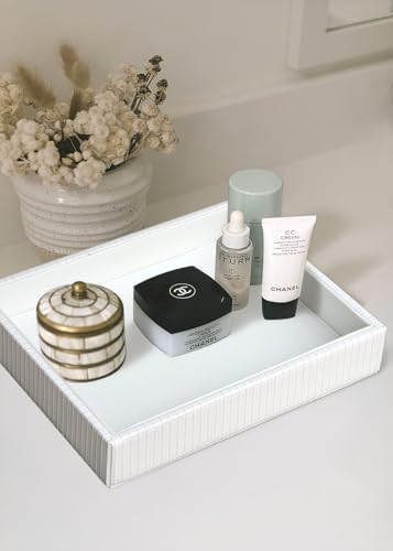 HofferRuffer Faux Leather Vanity Tray, Elegant Desktop Storage Organizer, Decorative Catchall for Perfume, Bathroom Valet, Nightstand or Dresser, 10.2 x 8.4 x 1.8 inches (White Stripe) - Image 4