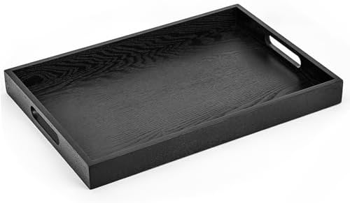 Wooden Serving Tray with Handles, 16.9 Inch Coffee Table Tray for Daily Use, Farmhouse Wood Tray for Breakfast, Lunch, Dinner, Home Kitchen Dining Tabletop Decor, Ottoman Decorative Tray, Black by Aoravvik