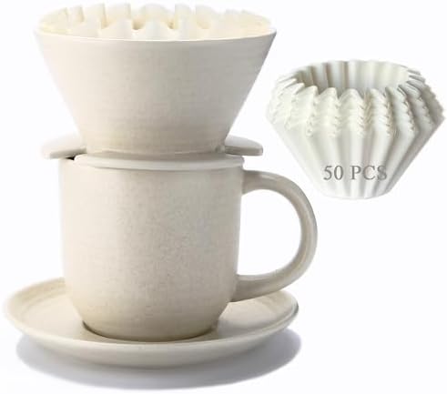 Pour Over Coffee Maker, with 50 PCS Basket Coffee Filters, 310 ml/10 oz Mug with Saucer & Coffee Dripper, Ceramic, Off-white by Polydremio