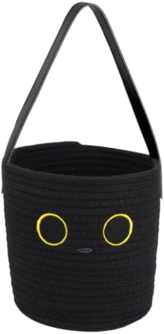 Black Cat Cotton Rope Basket - Cute Baby Woven Basket with Handle for Toys & Baby Stuff, Kawaii Nursery Decor, Baby Gift Box (7.8"x7") by JEROKUMI