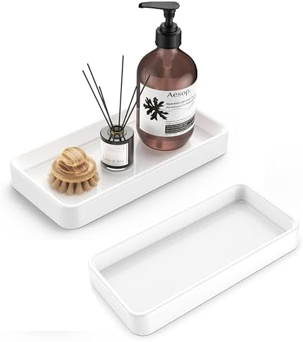 Gurygo 2 Pack 8" Ceramic Vanity Tray - Kitchen Tray for Soap Bottles - Small Rectangular Vanity Tray for Bathroom - Vanity Trays for Bathroom - Kitchen Soap Dispenser Tray,White by FocusonHomeKitchen