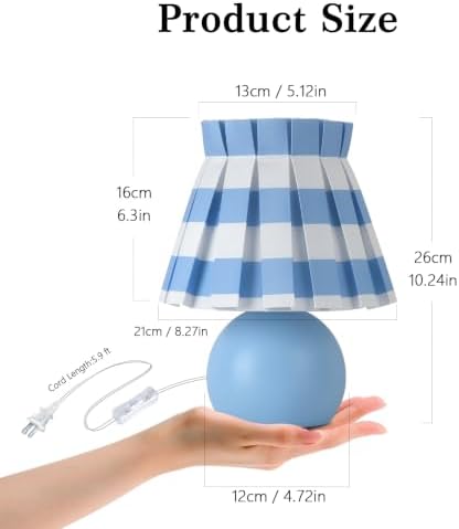 Ziqqeelam Blue White Plaid Small Bedside Table Lamp, Round Blue Base Nightstand Lamp, Cute Mini Table Lamp with Pleated Shade for Bedroom, Kitchen Counter, Bookshelf, Living Room, Kids Dorm - Image 2