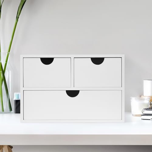 Rustic Distressed white 3-Tier Wood Desk Organizer with 3 Drawers Mini Storage Shelf For Desk, Toiletries Vanity Office Supplies (white) - Image 2