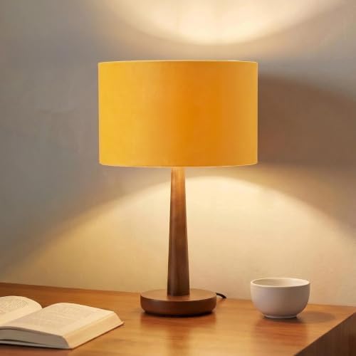18.5" Modern Dimmable Walnut Wood Table Lamp with Velvet Shade, Orange by Keazile