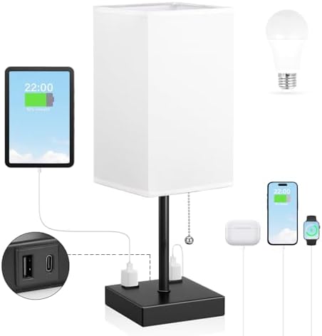 Bedside Lamp for Bedroom - 3 Color Temperatures, USB A+C, 2 AC Outlets by Aooshine