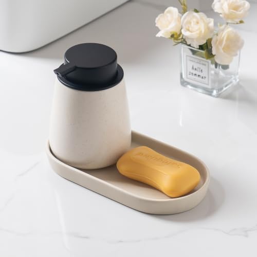 Matte Beige Round Soap Dispenser Tray - 8'' Ceramic Vanity Tray for Bathroom Decorative, Jewelry Ring Dish, Comestic Holder, Kitchen Sink Countertop Organizer Plate - Image 6