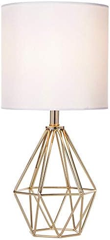 Gold Modern Hollow Out Base Bedroom Small Table Lamp,Bedside Nightstand Lamp with Geometric Metal Base White Fabric Shade,Cute Desk Lamp for Kids Living Room by COTULIN