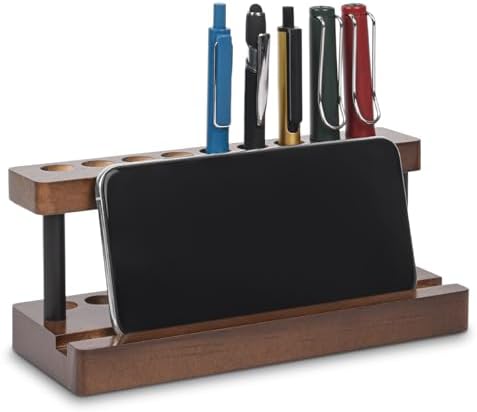 Wooden Pen Holder for Desk, Wood Pencil Holder Fountain Pens Display Stand with 9 Slots and Phone Holder, Stylish Office Desk Decor, Pen Organizer for Office, Home by Unknown