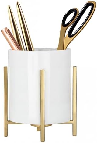 4.72" Gold Pen Holder Aesthetic Pencil Holder for Desk, Gold Desk Organizers and Accessories for Women Girls, Ceramic Pen Holder for Office by MONOSUGO