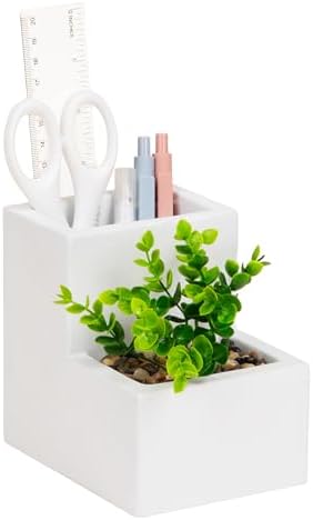 Mind Reader Ceramic Desktop Planter Pencil Cup, Desk Organizer with Faux Succulent, White by MindReader