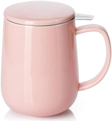 Sweese 20 OZ Porcelain Tea Mug with Infuser and Lid, Loose Leaf Tea Cup, Gifts for Tea Lover - Pink by Sweese