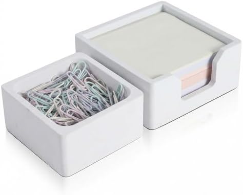 Concrete Desk Organizer Set of 2 - Minimalist Sticky Note Holder & Paper Clip Dispenser - Heavy Duty Office Desk Accessories with Non-Slip Base for Home Workspace Organizer & Desk Decor, White by BAOHD