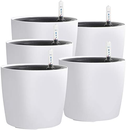 KINJOEK 5 Packs 7 Inch Self Watering Pot with Water Level Indicator, Modern Garden Decorative White Flower Pot, Flowers, African Violets, Succulents, White by KINJOEK