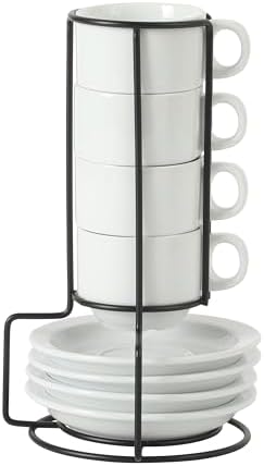 Gibson Home Gracious Dining 3-Ounce Espresso Cups Set of 4, Small Stackable Coffee Cups with 4 Saucers, Metal Stand, Ceramic Demitasse Mugs, Espresso Accessories for Machine by GibsonHomewares