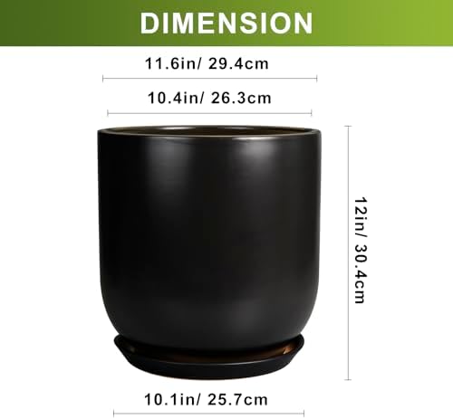 Ceramic Planter Pot - 12 Inch Large Plant Pot with Drainage Hole and Saucer Modern Flower Pot for Indoor Outdoor Plants Home Garden Decor Black - Image 3