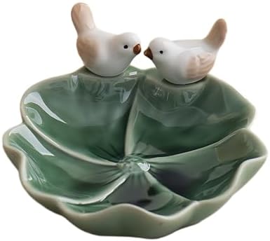 Lotus Leaf Bird Ceramic Jewelry Dish, Ring Tray for Women (Green) by Dazuihou