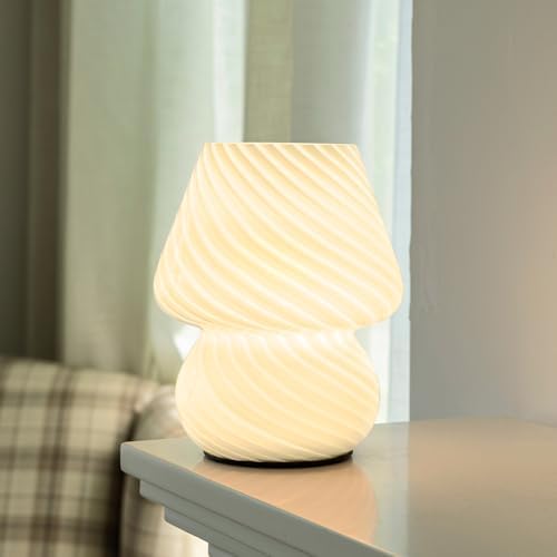 ULAROOM Battery Operated Mushroom Lamp - Vintage Small Table Lamp with Timer, Cordless Bedside Nightstand Lamp, Glass Battery Powered Lamp for Bedroom Kitchen Living Room Shelf Decor Aesthetic White by Ularoom