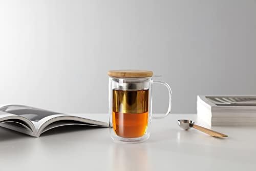 VIVA Minima Double Wall Glass Balance Tea Mug with Mesh Infuser and Wood Lid- 500 ml / 17 oz - Image 3