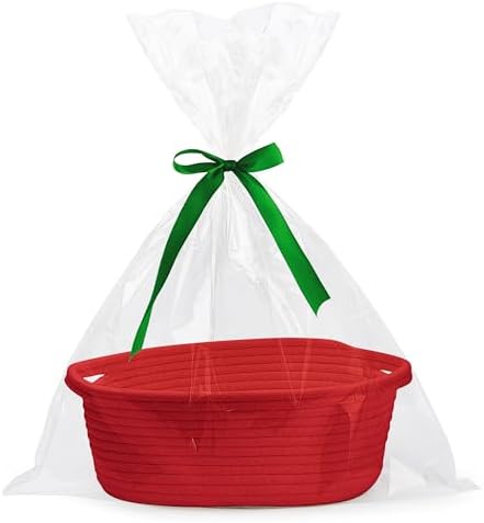 Pro Goleem Small Woven Basket with Gift Bags and Ribbons Durable Baskets for Gifts Empty Small Rope Basket for Storage 12"X 8" X 5" Baby Toy Basket with Handles, Red by ProGoleem