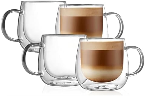 CNGLASS 16oz Double Walled Glass Coffee Mugs(4-pack),Large Clear Coffee Cups with Handle,Glass Espresso Mugs for Latte,Cappuccino,Tea by CNGLASS