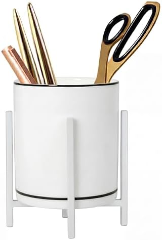 Desk Ceramic Pencil Cup with Metal Legs, Ceramic Pencil Cup, Black and White Pen Holder Cup for Office, Desk Decor for Women Girls, Cute Makeup Brushes Holder by MONOSUGO