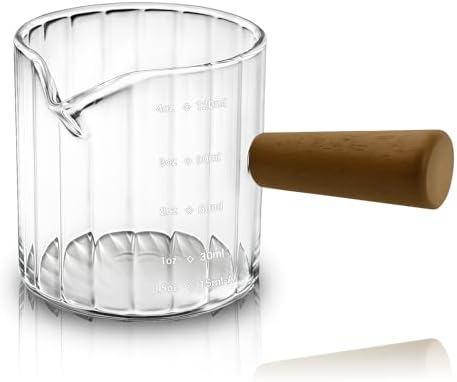 Espresso Measuring Cup 4 Oz, Espresso Glass Cups with Wood Handle, Milk Frothing Cup, Espresso Cup for Coffee, Milk, Tea or Maple Syrup Serving (Transparent, 4 oz) by Unknown