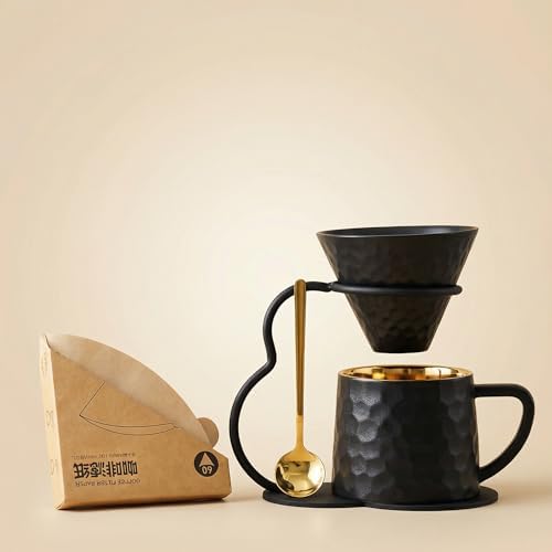 Pour Over Coffee Maker set,Ceramic Coffee Maker With V60 40 pcs Paper Filter，Metal Stand 9oz 270ml mug Pour Over Coffee Dripper Black - Image 2