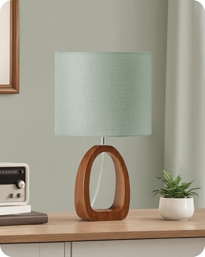 Green Table Lamp, 14.2" Small Bedside Lamp with Green Linen Lampshade & Dark Wood Base, Modern Nightstand Lamp for Bedroom, Kids Room, Living Room, Corner, E26 Socket, LJ07TL05 by GOEBLESON