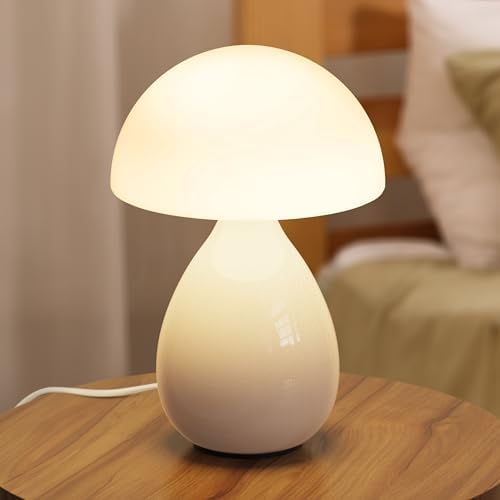 Mushroom Lamp Small Vintage Table Light, Mini Modern Lamp Bedside Nightstand LED, Small Light Dimmable for Bedroom, Living Room, Ceramic Base Glass Led Home Decor for Woman Gifts by Unknown